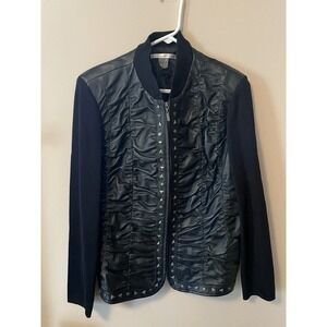 Peter Nygard Black Genuine Leather Studded Jacket Sz L Knit Back and Sleeve Moto